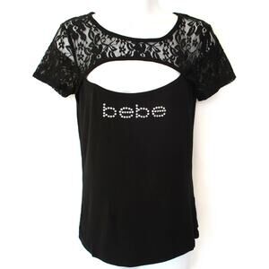 Nwt BEBE Swarovski Crystal Rhinestone Logo Lace Peek-a-boo Black Top Size L
